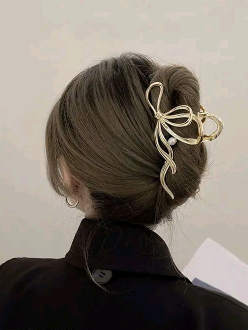 Korean Gold Bow Hair Claw With Pearl