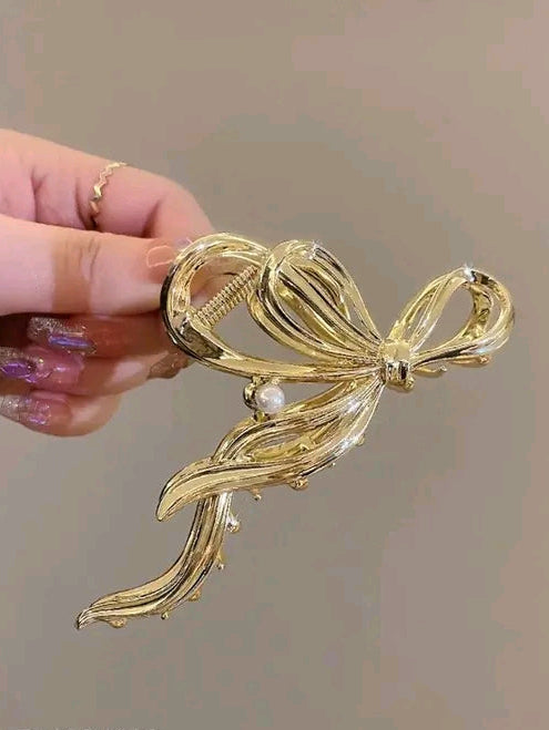 Korean Gold Bow Hair Claw With Pearl